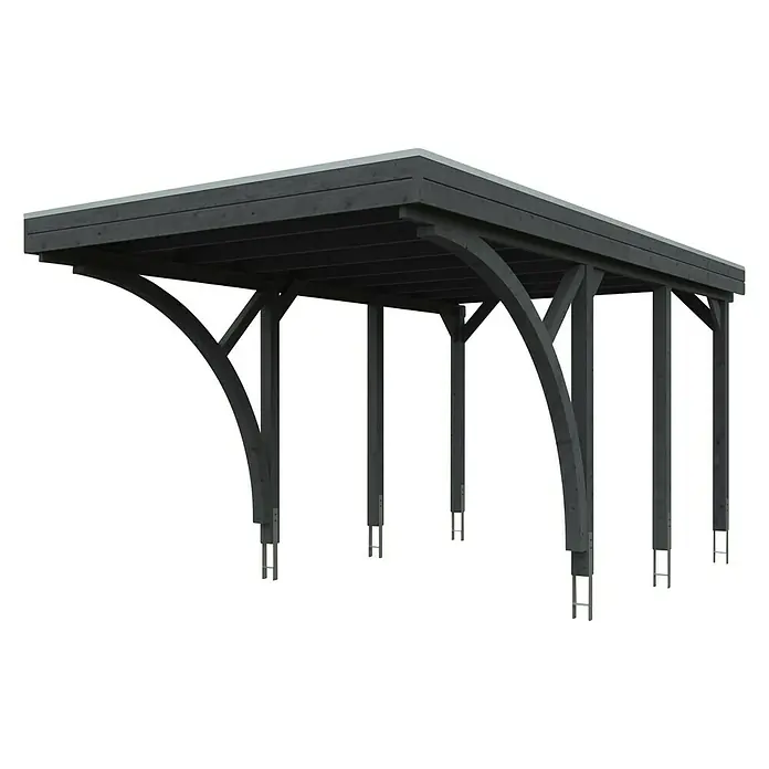 SKAN HOLZ Carport Friesland - Außenmaß inkl. Dachüberstand (B x T): 3,14 x 5,55 m, Einzelcarport, Schiefergrau, Mit 2 Einfahrtsbögen - Bild eines Carports aus Holz mit einem dunklen Anstrich, der auf einem schwarzen Hintergrund steht.