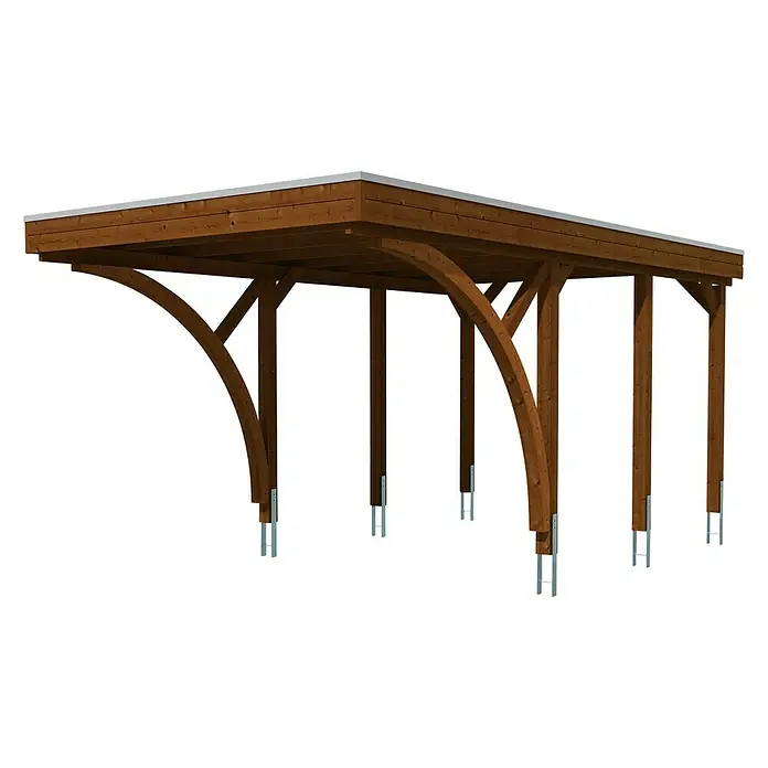 SKAN HOLZ Carport Friesland - Außenmaß inkl. Dachüberstand (B x T): 3,14 x 5,55 m, Einzelcarport, Nussbaum, Mit 2 Einfahrtsbögen - Ansicht einer Carport-Holzkonstruktion mit flachem Dach und Holzpfosten auf schwarzen Hintergrund.