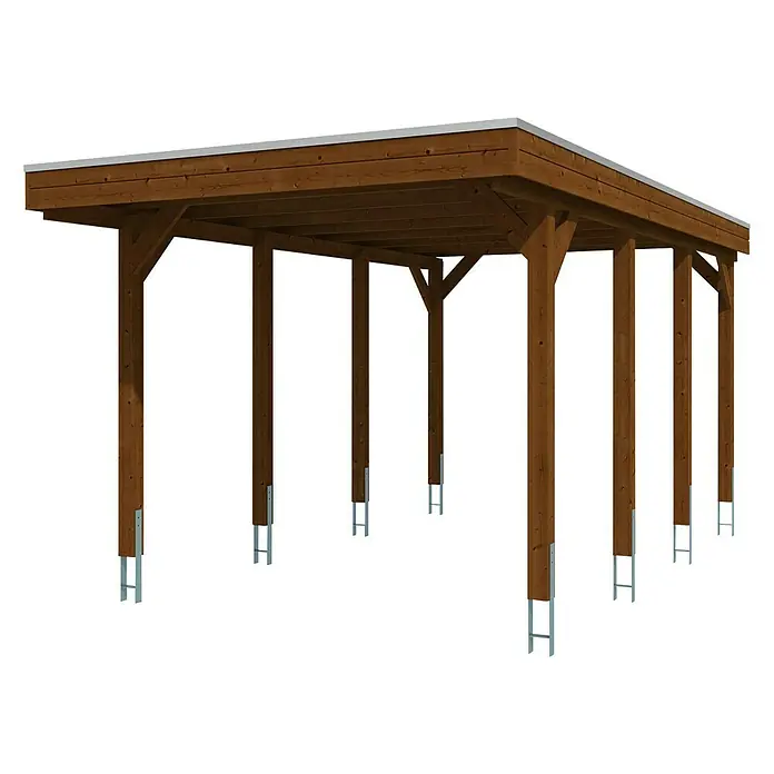 SKAN HOLZ Carport Friesland - Außenmaß inkl. Dachüberstand (B x T): 3,14 x 5,55 m, Einzelcarport, Nussbaum, Dachschalung mit EPDM-Folie - Abbildung eines Holzcarports mit Flachdach und stabilen Pfosten. Das Carport bietet Schutz vor Witterungseinflüssen und ist eine stilvolle Ergänzung.