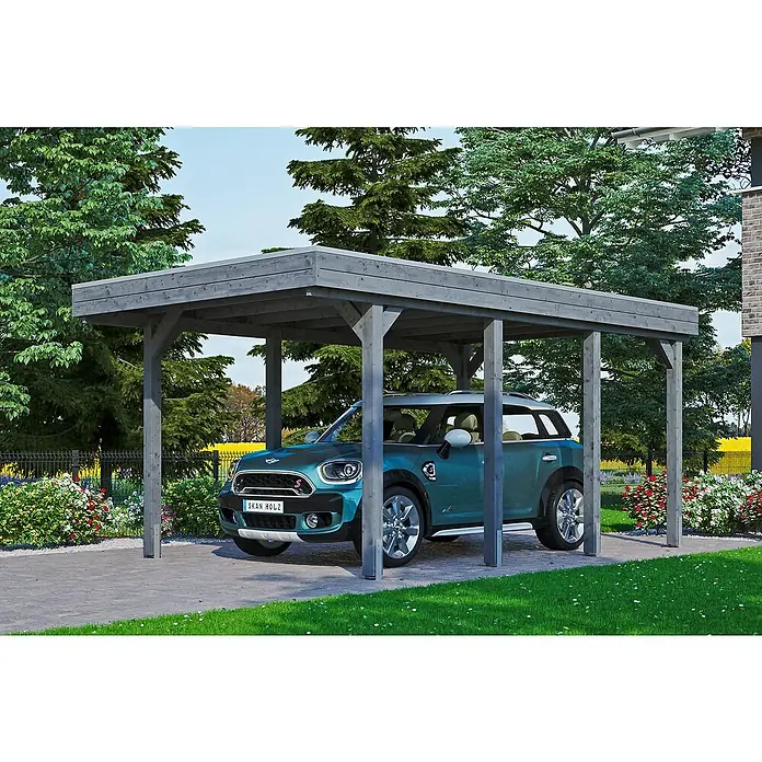 SKAN HOLZ Carport Friesland - Außenmaß inkl. Dachüberstand (B x T): 3,14 x 5,55 m, Einzelcarport, Schiefergrau, Dachschalung mit EPDM-Folie - Ein modernes, graues Carport aus Holz mit einem blauen Mini Cooper darunter, umgeben von gepflegtem Grün. Idealer Schutz für Ihr Fahrzeug.