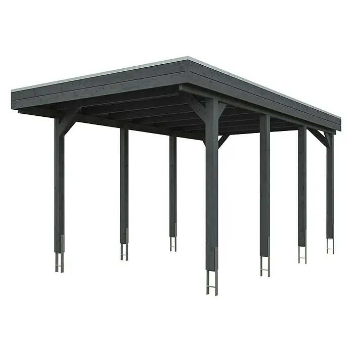 SKAN HOLZ Carport Friesland - Außenmaß inkl. Dachüberstand (B x T): 3,14 x 5,55 m, Einzelcarport, Schiefergrau, Dachschalung mit EPDM-Folie - Diese Aufnahme zeigt ein graues Carport mit Flachdach und Stützpfosten, die mit stabilen Bodenankern befestigt sind. Ein stabiler Unterstand für Fahrzeuge.