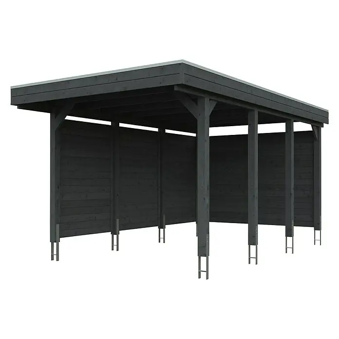 SKAN HOLZ Carport Friesland - Außenmaß inkl. Dachüberstand (B x T): 3,14 x 5,55 m, Einzelcarport, Schiefergrau, Mit Seitenwänden & Rückwand - Abbildung eines modernen Carports mit dunklem Holz und klaren Linien, ideal für den Schutz Ihres Fahrzeugs vor Witterungseinflüssen.