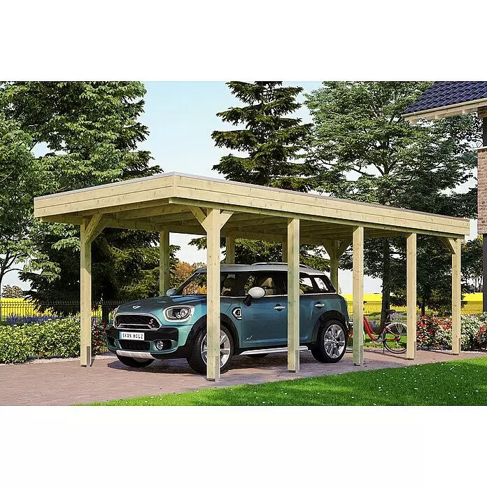 SKAN HOLZ Carport Friesland - Außenmaß inkl. Dachüberstand (B x T): 3,14 x 7,08 m, Einzelcarport, Grün, Material Dach: Holz - Anwendungsbeispiel