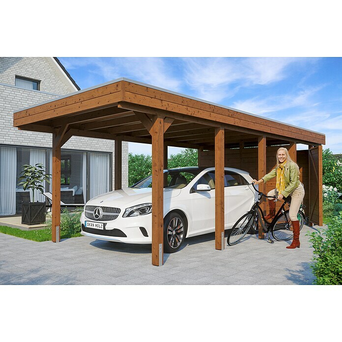 Skan Holz Carport Friesland (Außenmaß inkl. Dachüberstand (B x T): 3,14 x 7,08 m, Einzelcarport, Nussbaum) | BAUHAUS