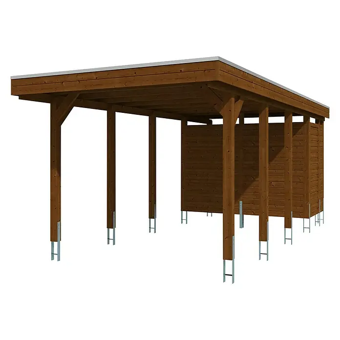 SKAN HOLZ Carport Friesland - Außenmaß inkl. Dachüberstand (B x T): 3,14 x 7,08 m, Einzelcarport, Nussbaum - Produktbild eines Holzunterstandes mit Metallfüßen und silbernem Dach. Ideal als Carport oder Lagermöglichkeit im Außenbereich.