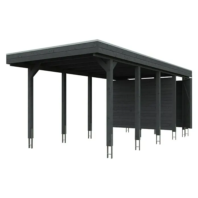 SKAN HOLZ Carport Friesland - Außenmaß inkl. Dachüberstand (B x T): 3,14 x 7,08 m, Einzelcarport, Schiefergrau - Das Bild zeigt ein modernes Carport mit dunklem Holzrahmen und flachem Dach, ideal für den Schutz von Fahrzeugen vor Witterungseinflüssen.