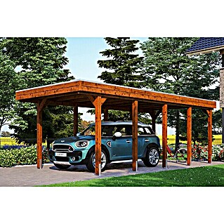 Skan Holz Carport Friesland (Außenmaß inkl. Dachüberstand (B x T): 3,14 x 7,08 m, Einzelcarport, Nussbaum, Material Dach: Aluminium)