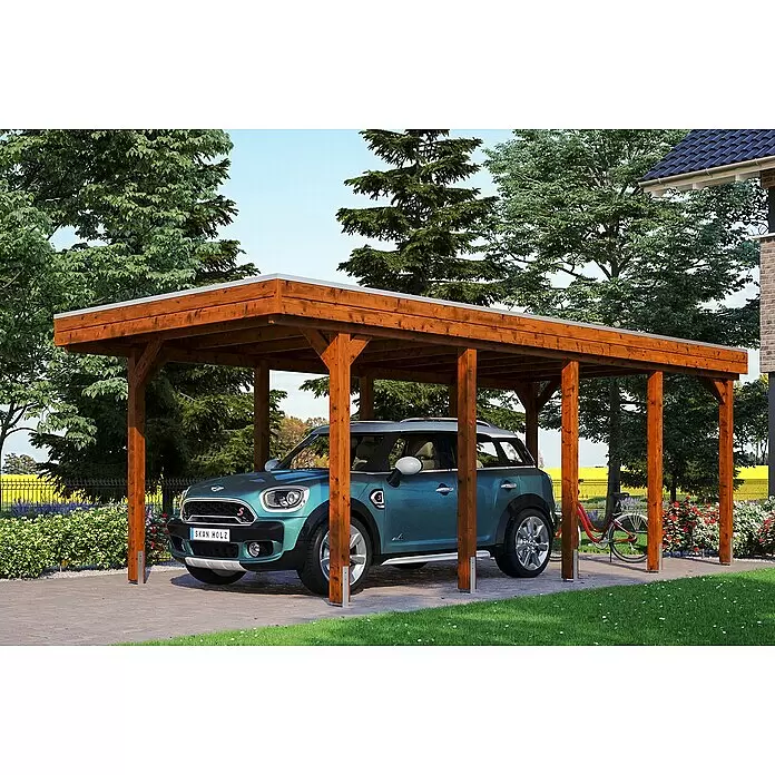 SKAN HOLZ Carport Friesland - Außenmaß inkl. Dachüberstand (B x T): 3,14 x 7,08 m, Einzelcarport, Nussbaum, Material Dach: Holz - Anwendungsbeispiel