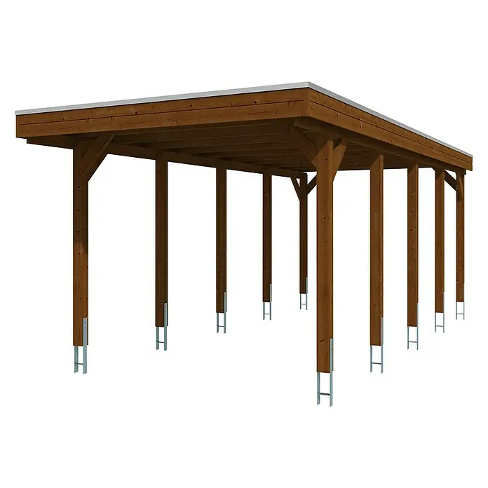 SKAN HOLZ Carport Friesland - Außenmaß inkl. Dachüberstand (B x T): 3,14 x 7,08 m, Einzelcarport, Nussbaum, Material Dach: Aluminium - Ansicht einer Carport-Holzkonstruktion mit mehreren Pfosten und einem grauen Metalldach zum Schutz vor äußeren Einflüssen.