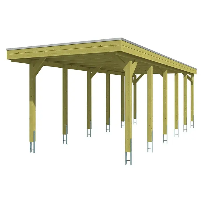 SKAN HOLZ Carport Friesland - Außenmaß inkl. Dachüberstand (B x T): 3,14 x 8,6 m, Einzelcarport, Grün, Material Dach: Holz - Abbildung eines Holzcarports mit mehreren Stützen und einem flachen Dach. Ideal als Unterstand für Fahrzeuge oder als überdachte Terrasse.