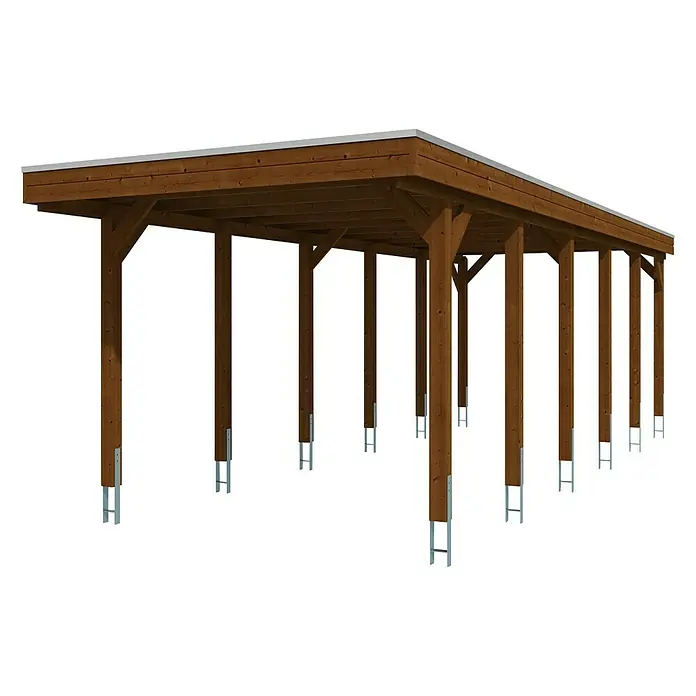 SKAN HOLZ Carport Friesland - Außenmaß inkl. Dachüberstand (B x T): 3,14 x 8,6 m, Einzelcarport, Nussbaum, Materialspezifizierung Dach: EPDM-Folie, Fichte - Ansicht eines Holzcarports mit Flachdach, das auf mehreren Pfosten mit Metallbefestigungen steht. Ideal zum Schutz von Fahrzeugen vor Witterungseinflüssen.