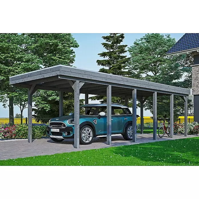 SKAN HOLZ Carport Friesland - Außenmaß inkl. Dachüberstand (B x T): 3,14 x 8,6 m, Einzelcarport, Schiefergrau, Material Dach: Holz - Anwendungsbeispiel