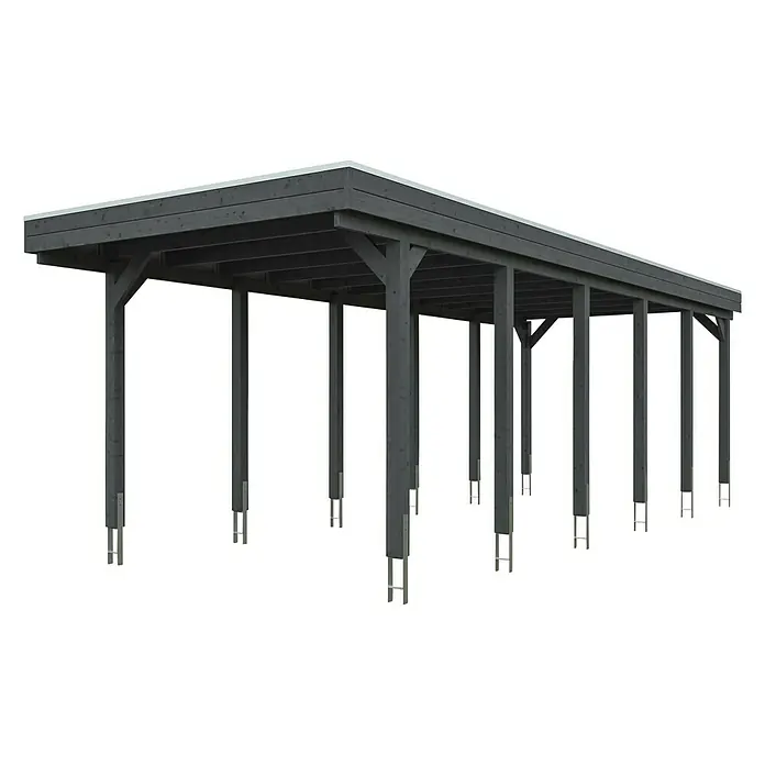 SKAN HOLZ Carport Friesland - Außenmaß inkl. Dachüberstand (B x T): 3,14 x 8,6 m, Einzelcarport, Schiefergrau, Material Dach: Holz - Das Bild zeigt eine lange, graue Holzpergola mit mehreren Säulen, die ein schlichtes, modernes Design für den Außenbereich bietet.