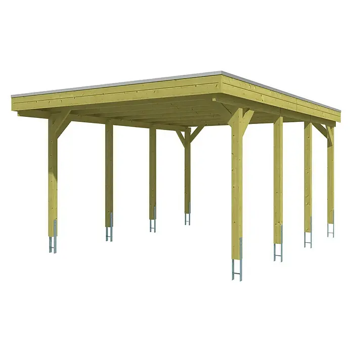 SKAN HOLZ Carport Friesland - Außenmaß inkl. Dachüberstand (B x T): 3,97 x 5,55 m, Einzelcarport, Grün, Dachschalung mit EPDM-Folie - Ein stilvoller Carport aus hellem Holz mit stabilen Pfosten und einem flachen Dach, ideal für den Schutz Ihres Fahrzeugs.