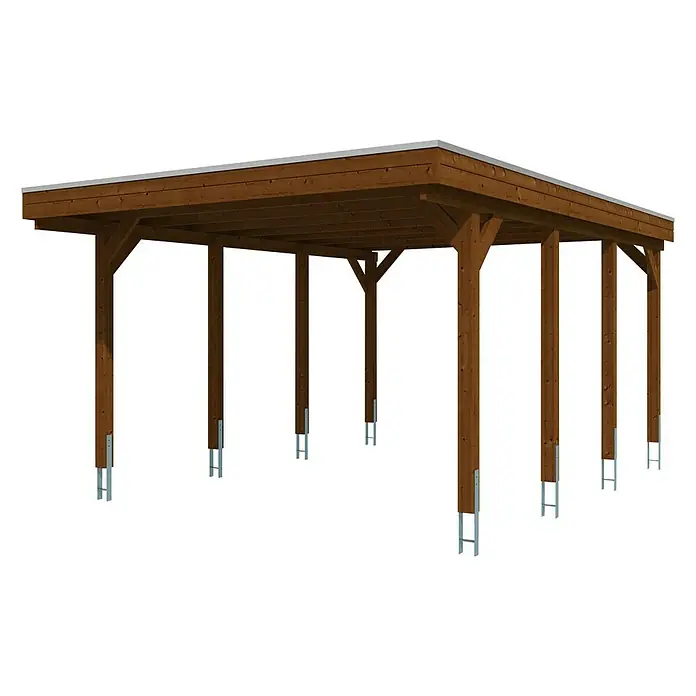 SKAN HOLZ Carport Friesland - Außenmaß inkl. Dachüberstand (B x T): 3,97 x 5,55 m, Einzelcarport, Nussbaum, Dachschalung mit EPDM-Folie - Illustration einer modernen Holzkonstruktion mit Flachdach und Stützpfosten. Das Carport-Design bietet stilvollen Wetterschutz.