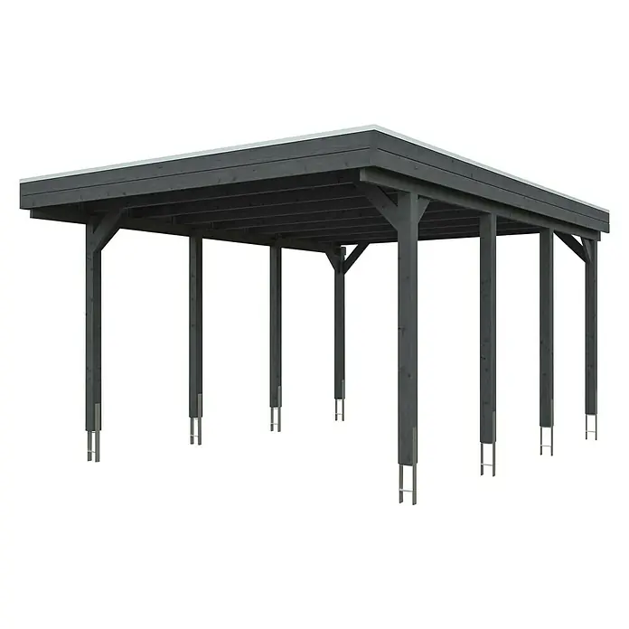 SKAN HOLZ Carport Friesland - Außenmaß inkl. Dachüberstand (B x T): 3,97 x 5,55 m, Einzelcarport, Schiefergrau, Dachschalung mit EPDM-Folie - Eine dunkle Holzüberdachung mit quadratischen Pfosten und einem flachen Dach, ideal für den Außenbereich.
