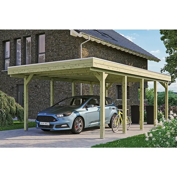 SKAN HOLZ Carport Friesland - Außenmaß inkl. Dachüberstand (B x T): 3,97 x 7,08 m, Einzelcarport, Grün, Material Dach: Holz - Dieses Bild zeigt einen modernen Carport aus Holz mit einem blauen Auto darunter, das zusätzlichen Schutz vor Witterungseinflüssen bietet.