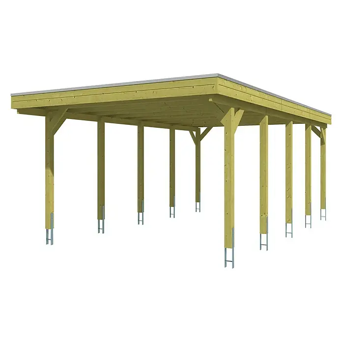 SKAN HOLZ Carport Friesland - Außenmaß inkl. Dachüberstand (B x T): 3,97 x 7,08 m, Einzelcarport, Grün, Material Dach: Holz - Hölzerner Unterstand mit mehreren Pfosten und einem Flachdach. Ideal als Carport oder überdachter Sitzbereich im Garten.