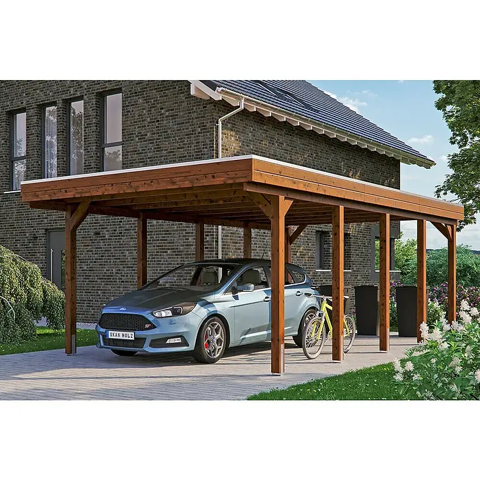 SKAN HOLZ Carport Friesland - Außenmaß inkl. Dachüberstand (B x T): 3,97 x 7,08 m, Einzelcarport, Nussbaum, Material Dach: Holz - Überdachter Stellplatz mit einem blauen Auto und einem gelben Fahrrad darunter. Der Carport schützt die Fahrzeuge vor Witterungseinflüssen.