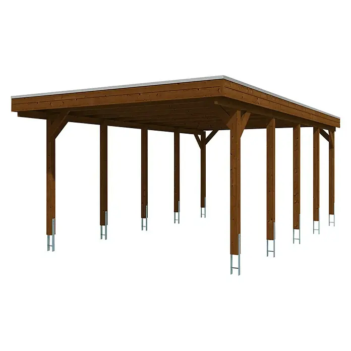 SKAN HOLZ Carport Friesland - Außenmaß inkl. Dachüberstand (B x T): 3,97 x 7,08 m, Einzelcarport, Nussbaum, Material Dach: Holz - Ein Carport mit Holzpfosten und einem grauen Dach bietet Schutz vor Witterungseinflüssen. Die stabile Konstruktion sorgt für Langlebigkeit.