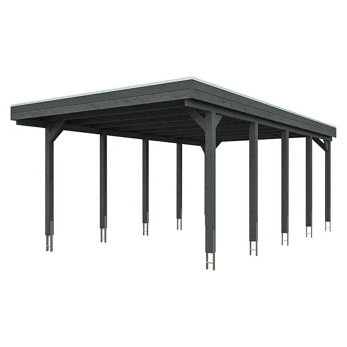 SKAN HOLZ Carport Friesland - Außenmaß inkl. Dachüberstand (B x T): 3,97 x 7,08 m, Einzelcarport, Schiefergrau, Material Dach: Holz - Abbildung eines modernen grauen Carports mit Flachdach und mehreren Stützpfosten, ideal für den Schutz von Fahrzeugen vor Witterungseinflüssen.