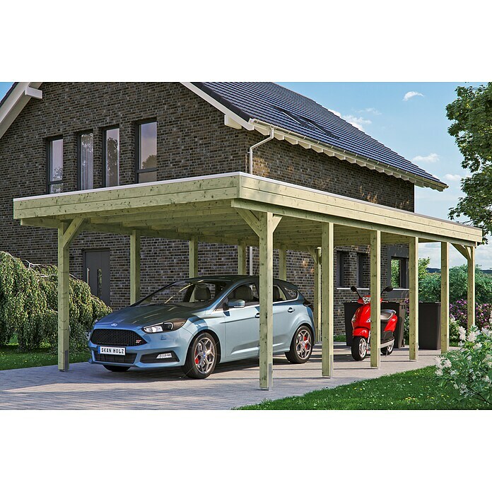 8,6 Carport Holz x Friesland T): 3,97 Dachüberstand inkl. x Skan Aluminium-Dachplatten) | BAUHAUS Grün/Schwarz, Einzelcarport, (Außenmaß (B m,