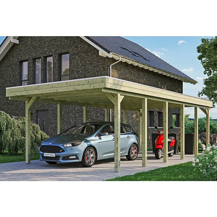SKAN HOLZ Carport Friesland - Außenmaß inkl. Dachüberstand (B x T): 3,97 x 8,6 m, Einzelcarport, Grün, Dachschalung mit EPDM-Folie - Carport aus Holz mit PKW und Motorroller. Der Holzcarport bietet Schutz vor Wettereinflüssen.