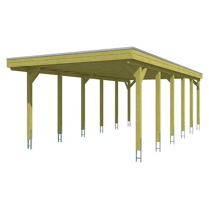 SKAN HOLZ Carport Friesland - Außenmaß inkl. Dachüberstand (B x T): 3,97 x 8,6 m, Einzelcarport, Grün, Dachschalung mit EPDM-Folie - Abbildung einer Holzkonstruktion, die ein Carport oder eine überdachte Terrasse darstellen könnte, mit Holzpfosten und einer flachen Dachstruktur.