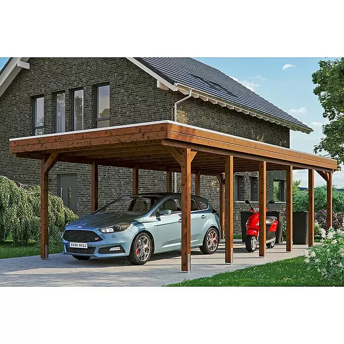 SKAN HOLZ Carport Friesland - Außenmaß inkl. Dachüberstand (B x T): 3,97 x 8,6 m, Einzelcarport, Nussbaum, Materialspezifizierung Dach: EPDM-Folie, Fichte - Anwendungsbeispiel