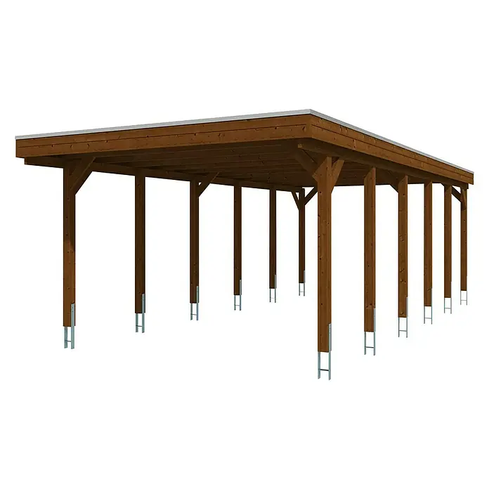 SKAN HOLZ Carport Friesland - Außenmaß inkl. Dachüberstand (B x T): 3,97 x 8,6 m, Einzelcarport, Nussbaum, Materialspezifizierung Dach: EPDM-Folie, Fichte - Abbildung eines Holzcarports mit grauem Dach. Das Carport hat mehrere Stützpfeiler und Metallbefestigungen an der Basis.