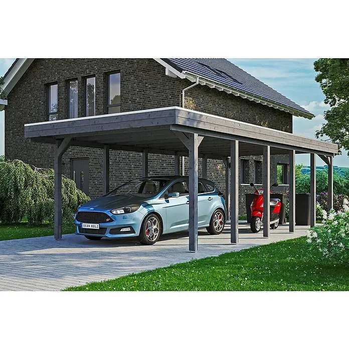 SKAN HOLZ Carport Friesland - Außenmaß inkl. Dachüberstand (B x T): 3,97 x 8,6 m, Einzelcarport, Schiefergrau - Das Bild zeigt einen modernen Carport aus Holz, unter dem ein blaues Auto und ein roter Roller parken. Der Carport bietet Schutz vor Witterungseinflüssen.