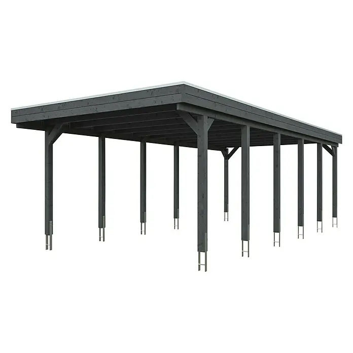 SKAN HOLZ Carport Friesland - Außenmaß inkl. Dachüberstand (B x T): 3,97 x 8,6 m, Einzelcarport, Schiefergrau - Das Bild zeigt eine moderne, graue Holz-Carport-Konstruktion mit einem hellen Dach und stabilen Pfosten auf schwarzem Hintergrund.