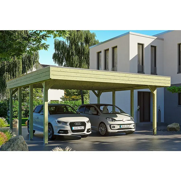 SKAN HOLZ Carport Friesland - Außenmaß inkl. Dachüberstand (B x T): 5,57 x 5,55 m, Doppelcarport, Grün, Dachschalung mit EPDM-Folie - Ein geräumiger Carport aus Holz, der Platz für zwei Autos bietet, mit einem Audi und einem Volkswagen darunter.
