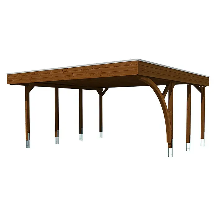 SKAN HOLZ Carport Friesland - Außenmaß inkl. Dachüberstand (B x T): 5,57 x 5,55 m, Doppelcarport, Nussbaum, Mit 1 Einfahrtsbogen - Das Bild zeigt ein Holzcarport mit Flachdach und stabilen Pfosten auf schwarzem Hintergrund. Ideal für den Schutz Ihres Fahrzeugs.