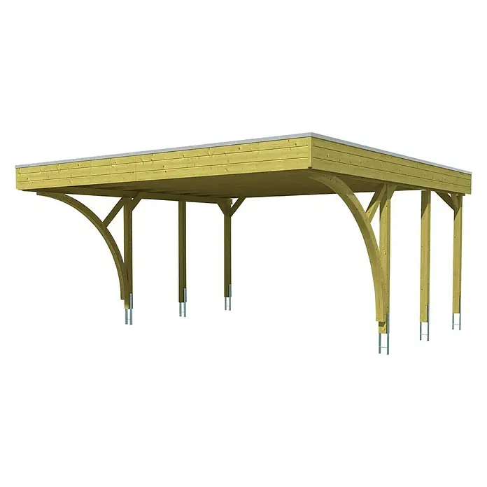 SKAN HOLZ Carport Friesland - Außenmaß inkl. Dachüberstand (B x T): 5,57 x 5,55 m, Doppelcarport, Grün, Mit 2 Einfahrtsbögen - Bild eines Holzcarports mit flachem Dach und geschwungenen Stützen. Ideal zum Schutz von Fahrzeugen vor Witterungseinflüssen.