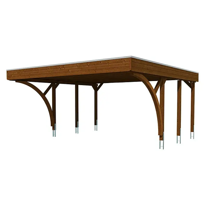 SKAN HOLZ Carport Friesland - Außenmaß inkl. Dachüberstand (B x T): 5,57 x 5,55 m, Doppelcarport, Nussbaum, Mit 2 Einfahrtsbögen - Stilvoller Holzcarport mit geschwungenen Trägern und robusten Metallverankerungen für zuverlässigen Schutz Ihres Fahrzeugs vor Witterungseinflüssen.