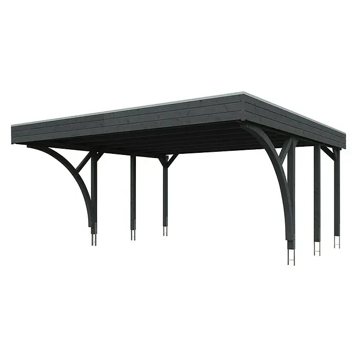 SKAN HOLZ Carport Friesland - Außenmaß inkl. Dachüberstand (B x T): 5,57 x 5,55 m, Doppelcarport, Schiefergrau, Mit 2 Einfahrtsbögen - Bild eines eleganten Carports mit dunklen Holzbalken und einer stabilen Dachkonstruktion, ideal für den Schutz von Fahrzeugen.