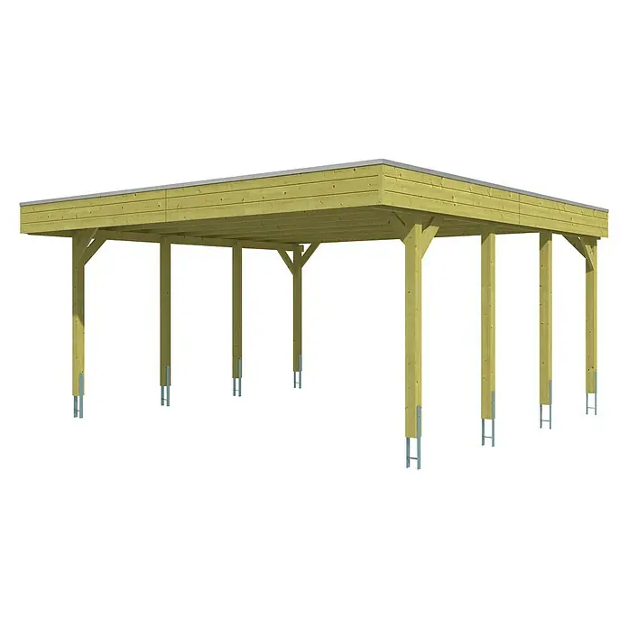 SKAN HOLZ Carport Friesland - Außenmaß inkl. Dachüberstand (B x T): 5,57 x 5,55 m, Doppelcarport, Grün, Dachschalung mit EPDM-Folie - Ansicht eines Holzcarports mit Flachdach und stabilen Stützpfosten. Die Konstruktion bietet Schutz für Fahrzeuge und andere Gegenstände.