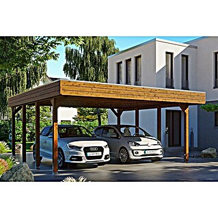 Skan Holz Carport Friesland (Außenmaß inkl. Dachüberstand (B x T): 5,57 x 5,55 m, Doppelcarport, Nussbaum, Dachschalung mit EPDM-Folie)