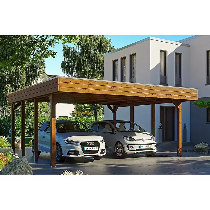 SKAN HOLZ Carport Friesland - Außenmaß inkl. Dachüberstand (B x T): 5,57 x 5,55 m, Doppelcarport, Nussbaum, Dachschalung mit EPDM-Folie - Ein modernes Carport aus Holz bietet Unterstellmöglichkeiten für zwei Autos und fügt sich stilvoll in die Hausumgebung ein.