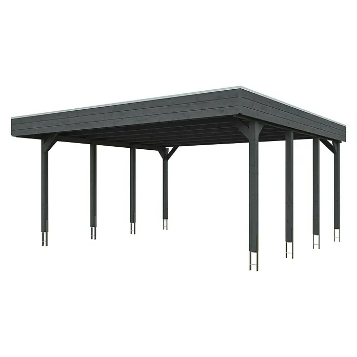 SKAN HOLZ Carport Friesland - Außenmaß inkl. Dachüberstand (B x T): 5,57 x 5,55 m, Doppelcarport, Schiefergrau, Dachschalung mit EPDM-Folie - Abbildung eines modernen Carports mit grauen Holzpfosten und einem flachen Dach, ideal als Unterstand für Fahrzeuge oder als überdachter Außenbereich.