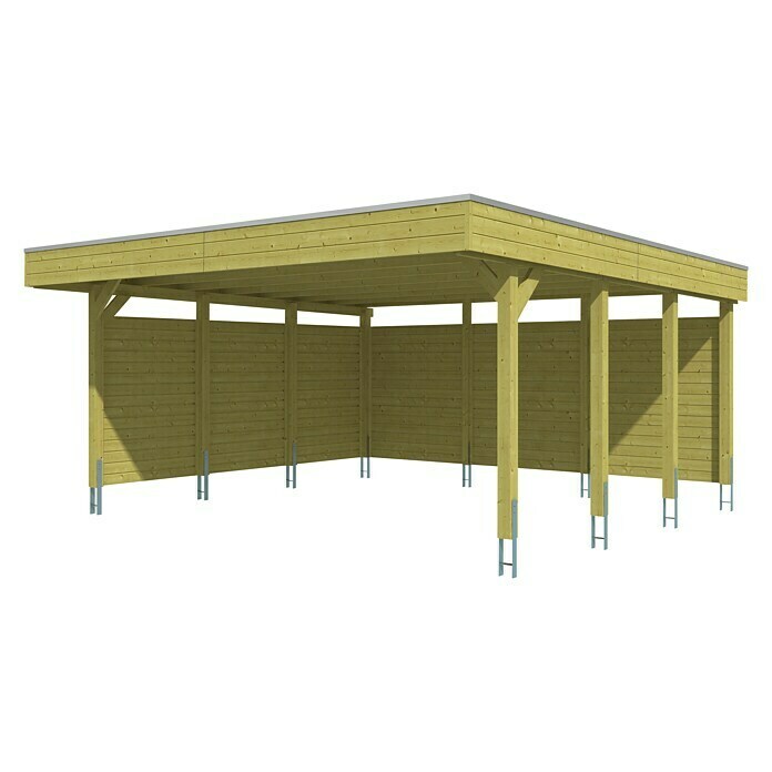 Skan Holz Doppelcarport FrieslandB x T: 557 x 555 cm, Einfahrtshöhe: 221 cm, Grün, Mit Seitenwänden & Rückwand Diagonal View