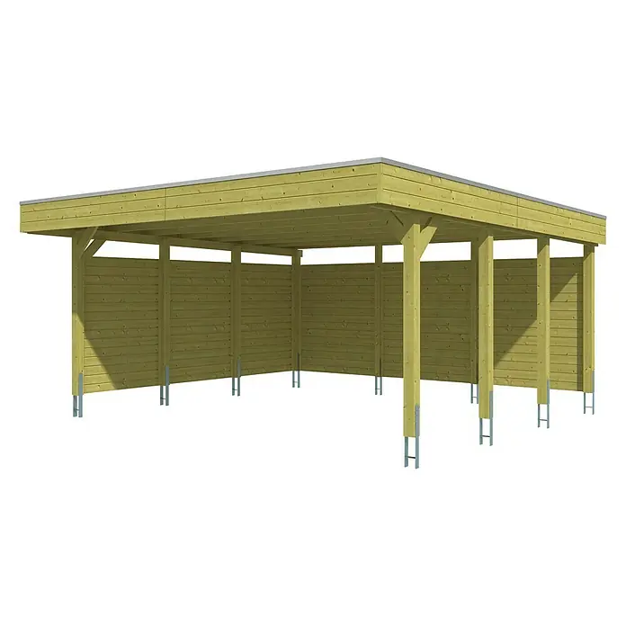 SKAN HOLZ Carport Friesland - Außenmaß inkl. Dachüberstand (B x T): 5,57 x 5,55 m, Doppelcarport, Grün - Diese Aufnahme zeigt ein Holzcarport mit Flachdach und Seitenwänden. Das Carport bietet Schutz vor Witterungseinflüssen.