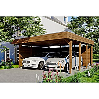 Skan Holz Carport Friesland (Außenmaß inkl. Dachüberstand (B x T): 5,57 x 5,55 m, Doppelcarport, Nussbaum, Mit Seitenwänden & Rückwand)