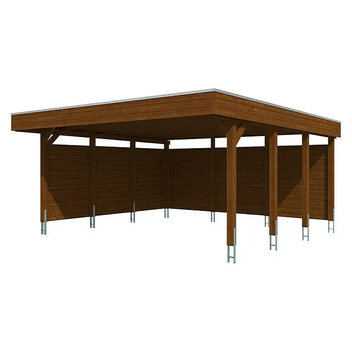 SKAN HOLZ Carport Friesland - Außenmaß inkl. Dachüberstand (B x T): 5,57 x 5,55 m, Doppelcarport, Nussbaum, Mit Seitenwänden & Rückwand - Abbildung eines braunen Holzcarports mit Stützpfosten und silbernem Dach auf schwarzem Hintergrund.