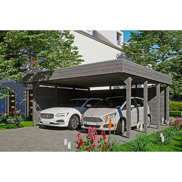 Skan Holz Doppelcarport FrieslandB x T: 557 x 555 cm, Einfahrtshöhe: 221 cm, Schiefergrau, Mit Seitenwänden & Rückwand Use Shot