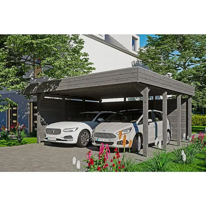 SKAN HOLZ Carport Friesland - Außenmaß inkl. Dachüberstand (B x T): 5,57 x 5,55 m, Doppelcarport, Schiefergrau - Ein modernes Doppelcarport aus Holz in Grau, unter dem zwei Autos parken, bietet Schutz vor Witterungseinflüssen und fügt sich gut ins Gesamtbild ein.