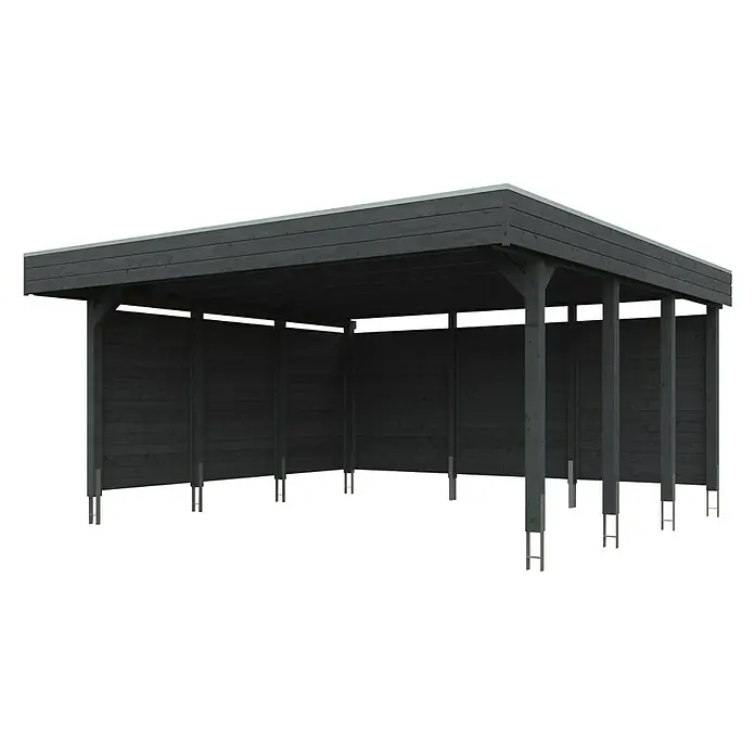 SKAN HOLZ Carport Friesland - Außenmaß inkl. Dachüberstand (B x T): 5,57 x 5,55 m, Doppelcarport, Schiefergrau - Bild eines modernen, dunklen Holzcarports mit Flachdach, ideal zum Schutz von Fahrzeugen vor Witterungseinflüssen.