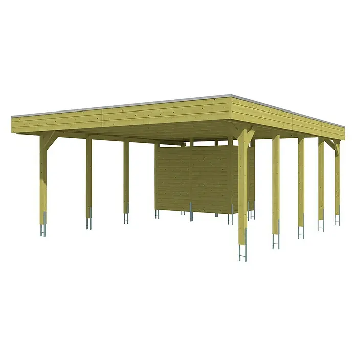 SKAN HOLZ Carport Friesland - Außenmaß inkl. Dachüberstand (B x T): 5,57 x 7,08 m, Doppelcarport, Grün - Bild eines Holzcarports mit Flachdach, der auf mehreren Holzpfosten mit Metallankern steht und einen seitlichen Sichtschutz hat.