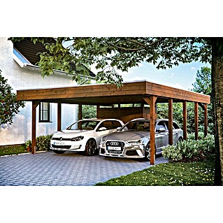 Skan Holz Carport Friesland (Außenmaß inkl. Dachüberstand (B x T): 5,57 x 7,08 m, Doppelcarport, Nussbaum, Mit Abstellraum)